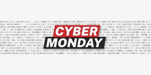 Cyber Monday promotion poster template. White background with binary code strings.