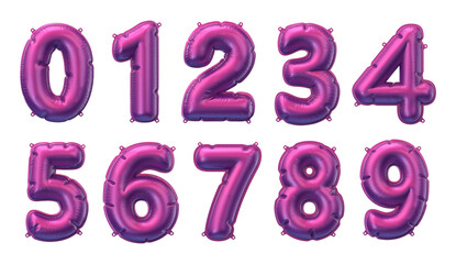 3D Render of purple inflatable foil balloons set. Bright party decoration figures. Glossy pink numbers isolated on white background.