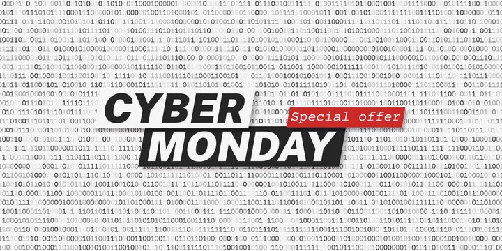 Cyber Monday promotion banner template. White background with binary code pattern. Layout for social media post, blog or advertising.