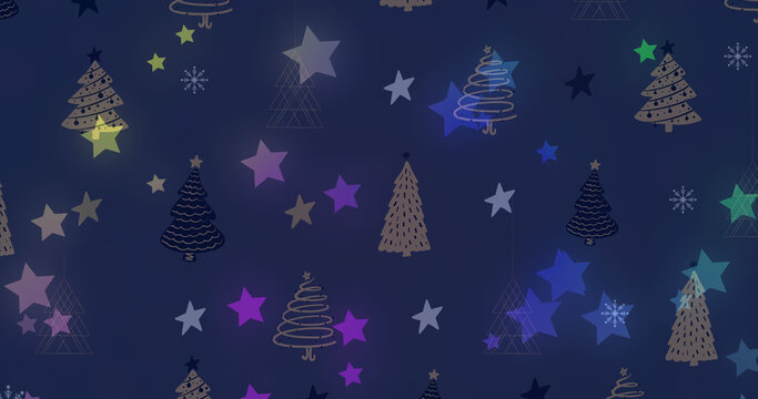 Image of stars and christmas tree pattern on dark background