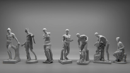 3d render scene of the ancient Greek statues people standing in a row with negative space above