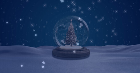 Image of stars falling over snow globe on dark background