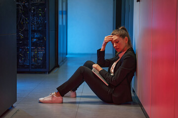 Depressed woman sitting beside servers floor of data center