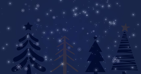 Image of snow falling over fir trees on dark background