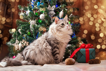 Christmas cat. Portrait of fat fluffy cat next to gift box on the background of a Christmas tree and lights of garlands.