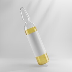 glass capsule flying with liquid and white label 3d render