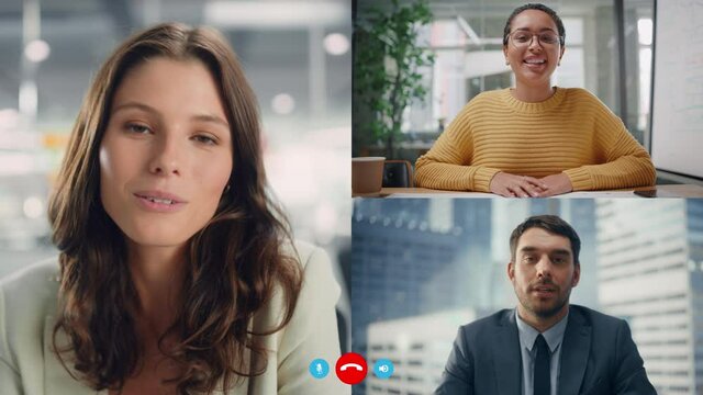 Video Conference Call Between Diverse Office Workers. Multi-Ethnic Team of Executives, Investors, Managers Talk. Businesspeople Discuss e-Commerce Investment Strategy, Company Growth. POV Split Screen