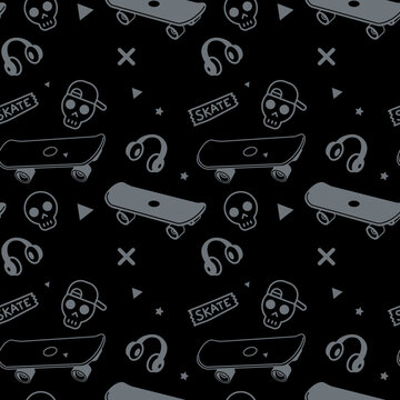 Vector Dark Illustration of Cool Board, Headphones and Word. Skateboarding Seamless Pattern with Cartoon Skateboard and Skull. Line Art Style Skate on Black Color Background