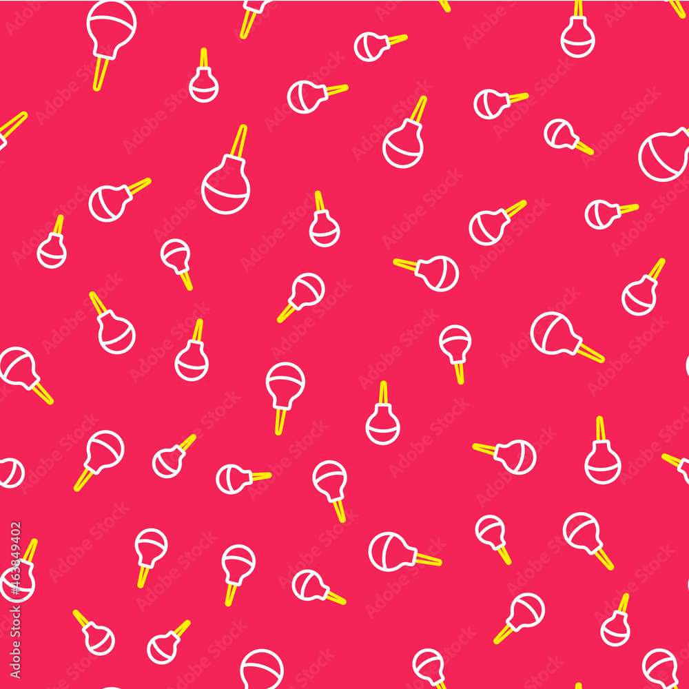 Poster line enema icon isolated seamless pattern on red background. enema with a plastic tip. medical pear.