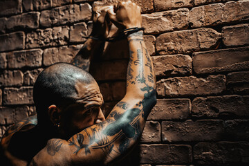 A bald gang member in tattoos stands facing the wall with his hands up in handcuffs. Arrest of a...