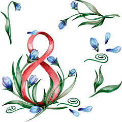 Blue spring flowers with green leaves