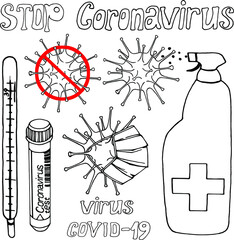 set of doodles stop covid-19 coronavirus, vector, medicine virus, antiseptic, protection, mask, test, white, black