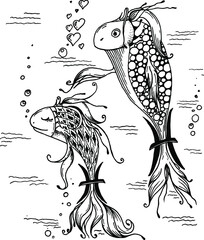 Pisces zodiac sign, horoscope, stars, freehand drawing, black, doodles