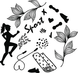 Set of elements Sports doodles, yoga, aerobics, running, vector