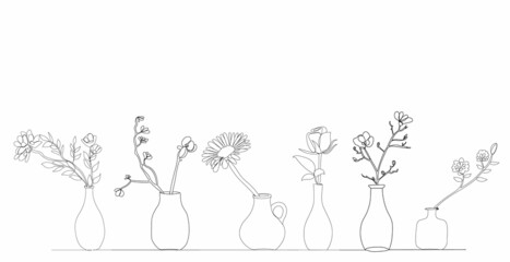flowers in vases drawing by one continuous line