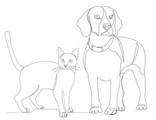 one continuous line drawing of a cat and a dog, vector