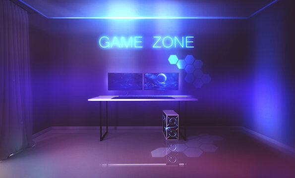 Interior for computer games, game sports and stream. Abstract neon background in the interior. Night view of the room, white table, neon light. Blue and pink neon. 3D illustration. 