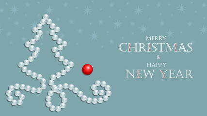 Creative Christmas tree from pearl gem necklace on green background with snowflakes or stars. Realistic white beads, red ball and congratulation New year text. Jewelry banner, winter holidays vector.