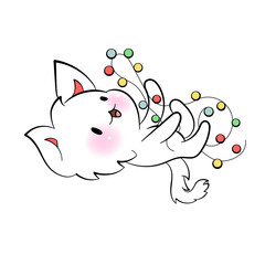 Christmas kawaii Cat with New Year lights. Holiday cheer. Vector sticker for messenger
