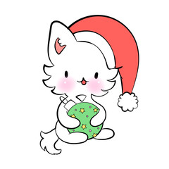 Obraz premium Christmas kawaii Cat with toy. Season greetings. Vector sticker for messenger