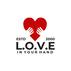 Red love on hand logo design