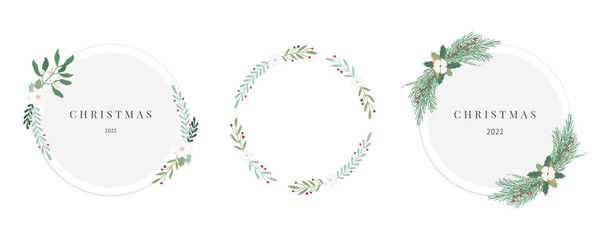 Collection of pretty and gentle Christmas decorations - round wreath and bouquets with circle templates. Modern flat illustration - leaves, flowers, pine branches, mistletoe sprig with berries. Vector