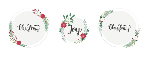 Fototapeta na wymiar Set of Christmas round templates with floral and leaves bouquets decorations and hand drawn calligraphy. Christmas wreath vector illustrations in modern flat style.