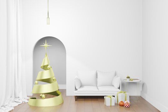 3d rendering illustration empty wall mockup in modern interior in christmas theme
