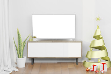 3d rendering illustration of LCD TV screen mockup in christmas new year theme