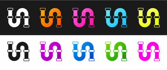 Set Industry metallic pipe icon isolated on black and white background. Plumbing pipeline parts of different shapes. Vector