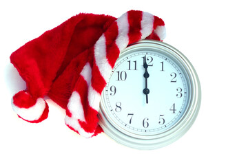 silver clock showing 12 with Christmas Santa hat on