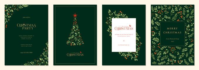 Fototapeta Merry and Bright Corporate Holiday cards. Modern abstract creative universal artistic templates with Christmas Tree, birds, floral frames and backgrounds. obraz