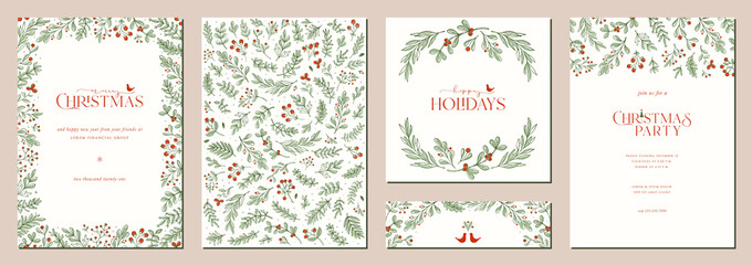 Merry and Bright Corporate Holiday cards. Universal abstract creative artistic templates with birds, modern background, frame and copy space.