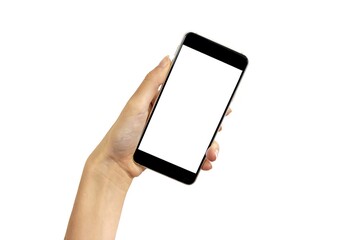 Hand holding blank screen mobile phone isolated on white background.