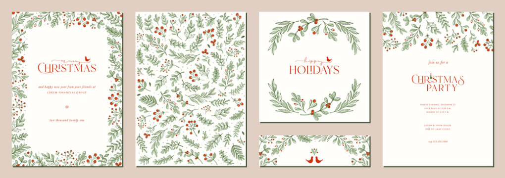 Merry and Bright Corporate Holiday cards. Universal abstract creative artistic templates with birds, modern background, frame and copy space.