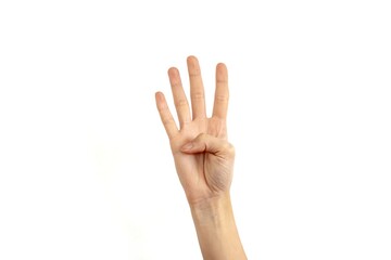 Hand showing number four sign isolated on white background.