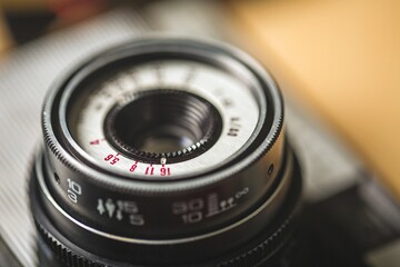 Closeup of old retro film camera lens