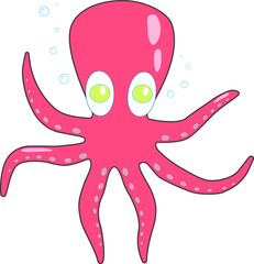 pink octopus with funny big eyes and tentacles floats in water with bubbles