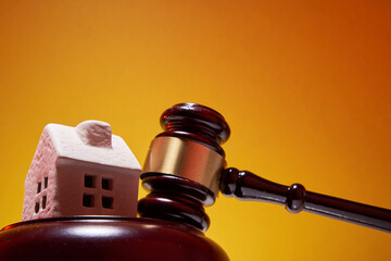 Gavel wooden and house for home buying or selling of bidding or lawyer of home real estate and...