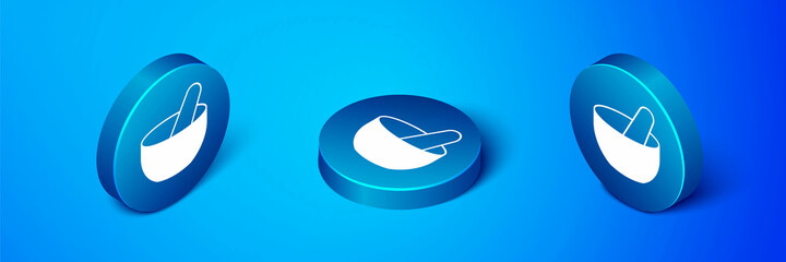 Isometric Witch cauldron icon isolated on blue background. Happy Halloween party. Blue circle button. Vector