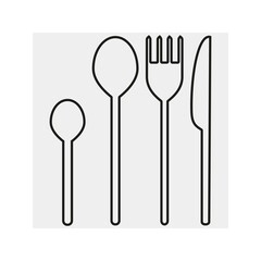 Cutlery Set. Knife, fork, tablespoon, teaspoon. Kitchen utensils. Badge. Silhouette, line drawing, emblem. Cooking.