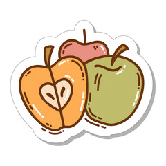 Colorful hand-drawn harvest sticker with apples in doodle style isolated on white background. Cute vector for seasonal decoration.