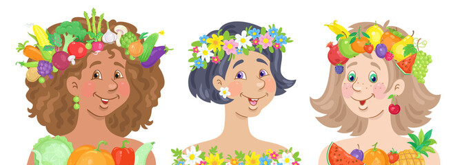 Three beautiful young women in wreaths of flowers, fruits and vegetables. In cartoon style. Isolated on white background. Vector flat illustration