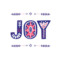 Fototapeta premium Vector Christmas greeting card. Joy - ornamental folk style lettering.