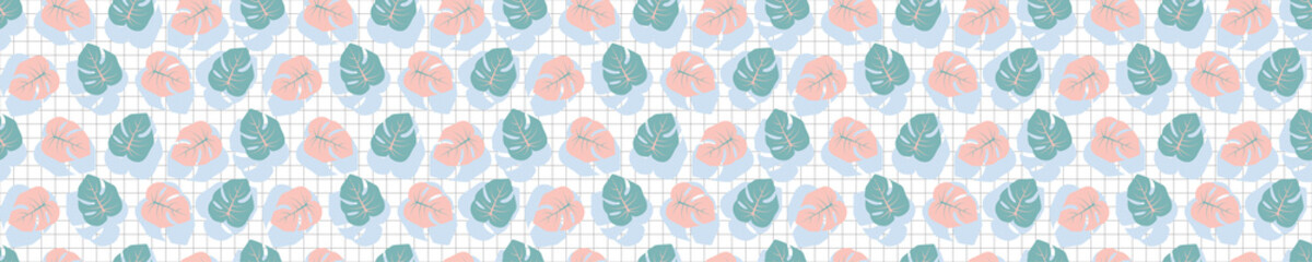 Seamless pattern with pink and teal Monstera leaves