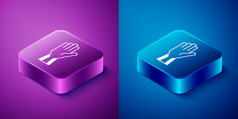 Isometric Protective gloves icon isolated on blue and purple background. Square button. Vector