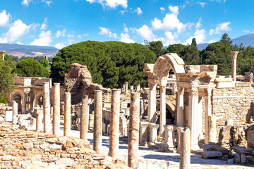 Hadrian temple and columns on curetes street Ephesus ancient ciity.