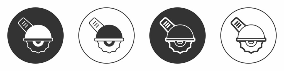 Black Electric circular saw with steel toothed disc icon isolated on white background. Electric hand tool for cutting wood or metal. Circle button. Vector