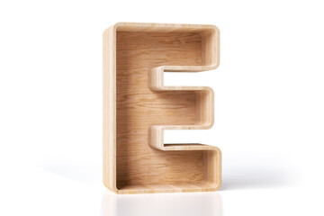 Diy concept wooden letter E in high quality 3D rendering. Wooden lettering ideal for displaying decorative products.