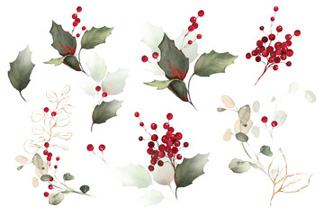 Christmas arrangements. Watercolor design for holiday. Berries, gold and herbs